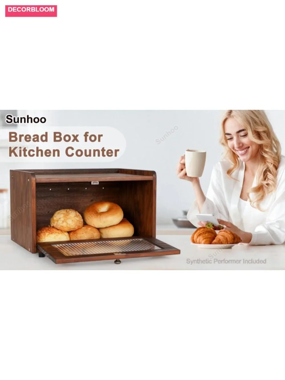 Wooden Bread Box with Acrylic Door for Kitchen Countertop Storage
